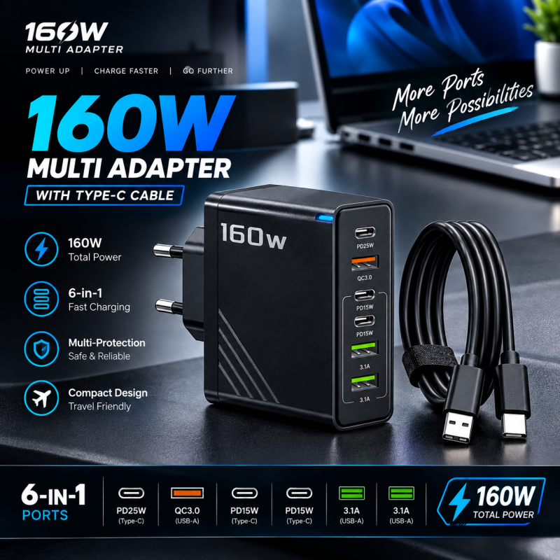 160W super fast multi-port GaN charger 6-in-1 with Type-C cable